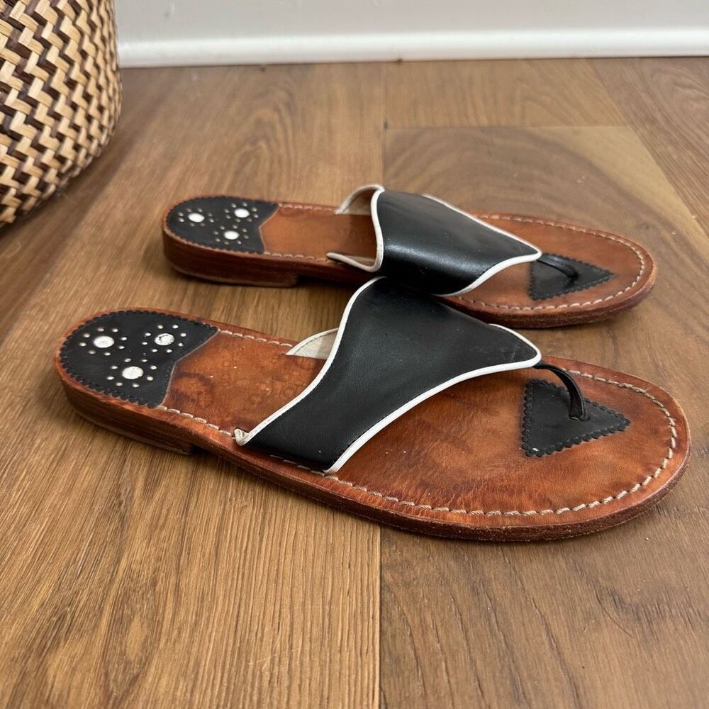 Steven Salario Black White Leather Slip On Flat Sandals 9